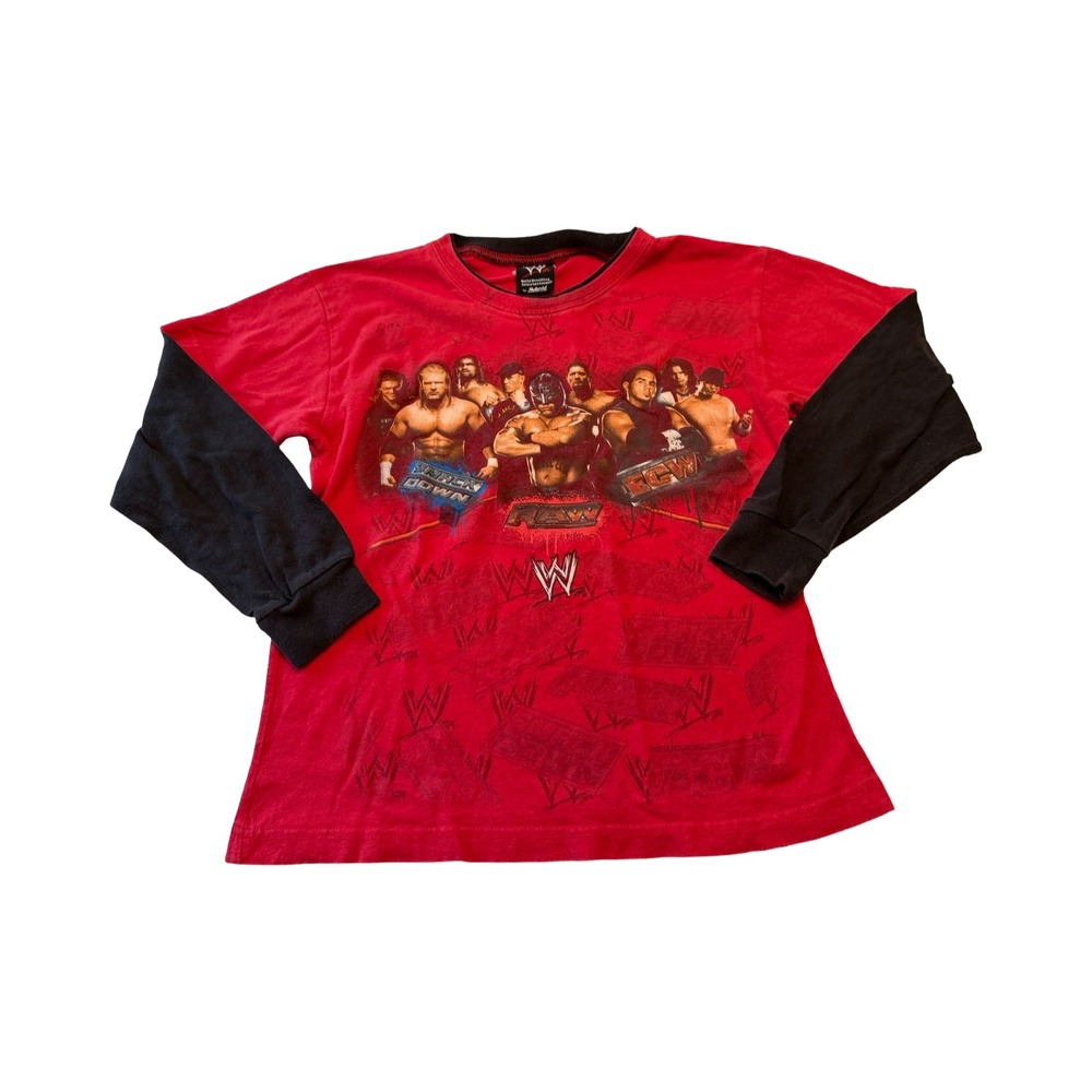 Vintage 2008 WWE Wrestling Graphic Long Sleeve Shirt Red Black Hybrid Mens S